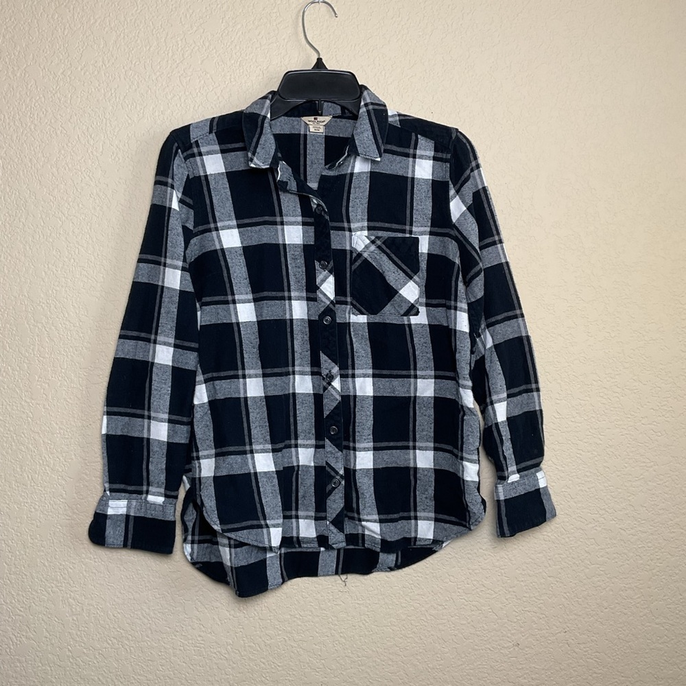 Woolrich Womens Medium Button Down Long Sleeve‎ Navy Plaid Flannel Top